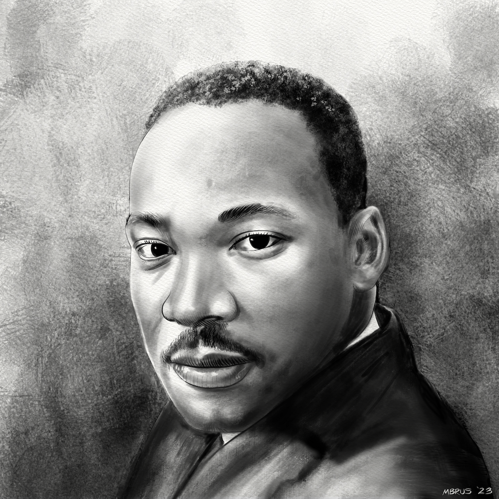 A charcoal drawing of Martin Luther King.