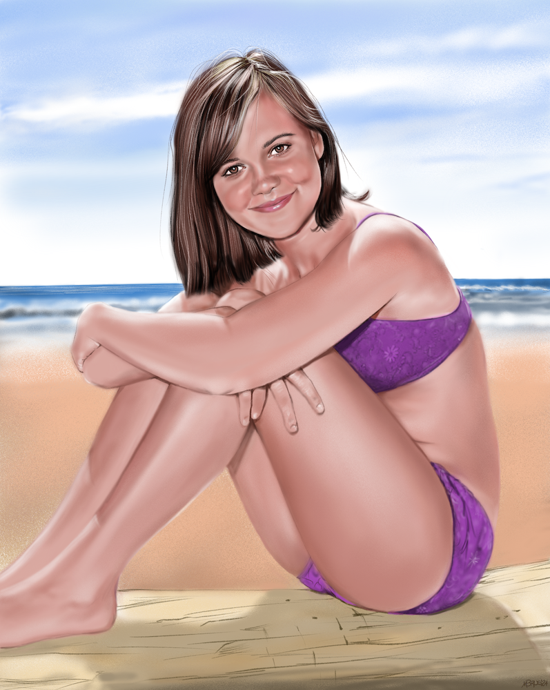 A full-body pastel drawing of Sally Field as "Gidget"