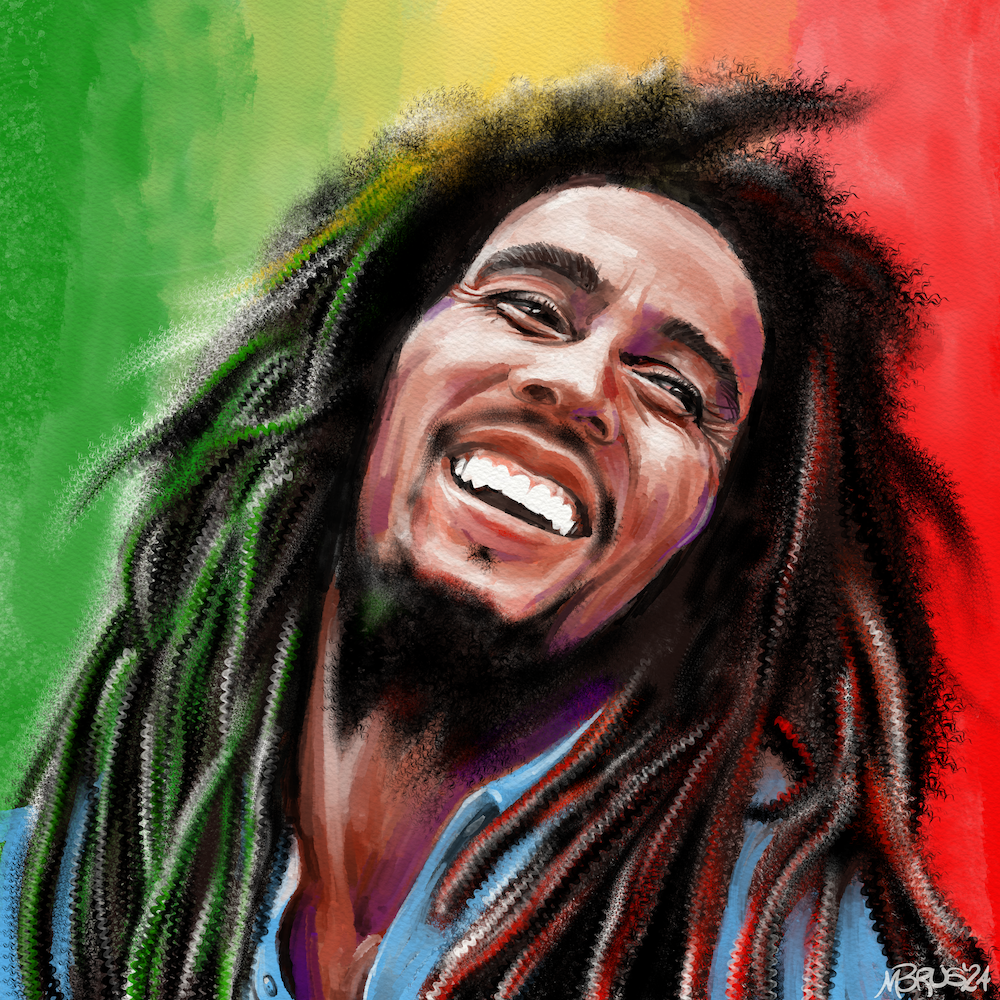 A watercolor of Bob Marley.